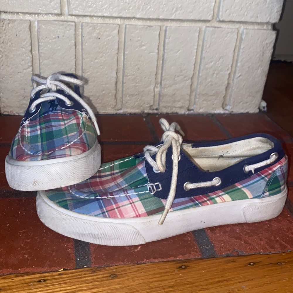 Boat shoes size 6.5 plaid blue green red and white for colors